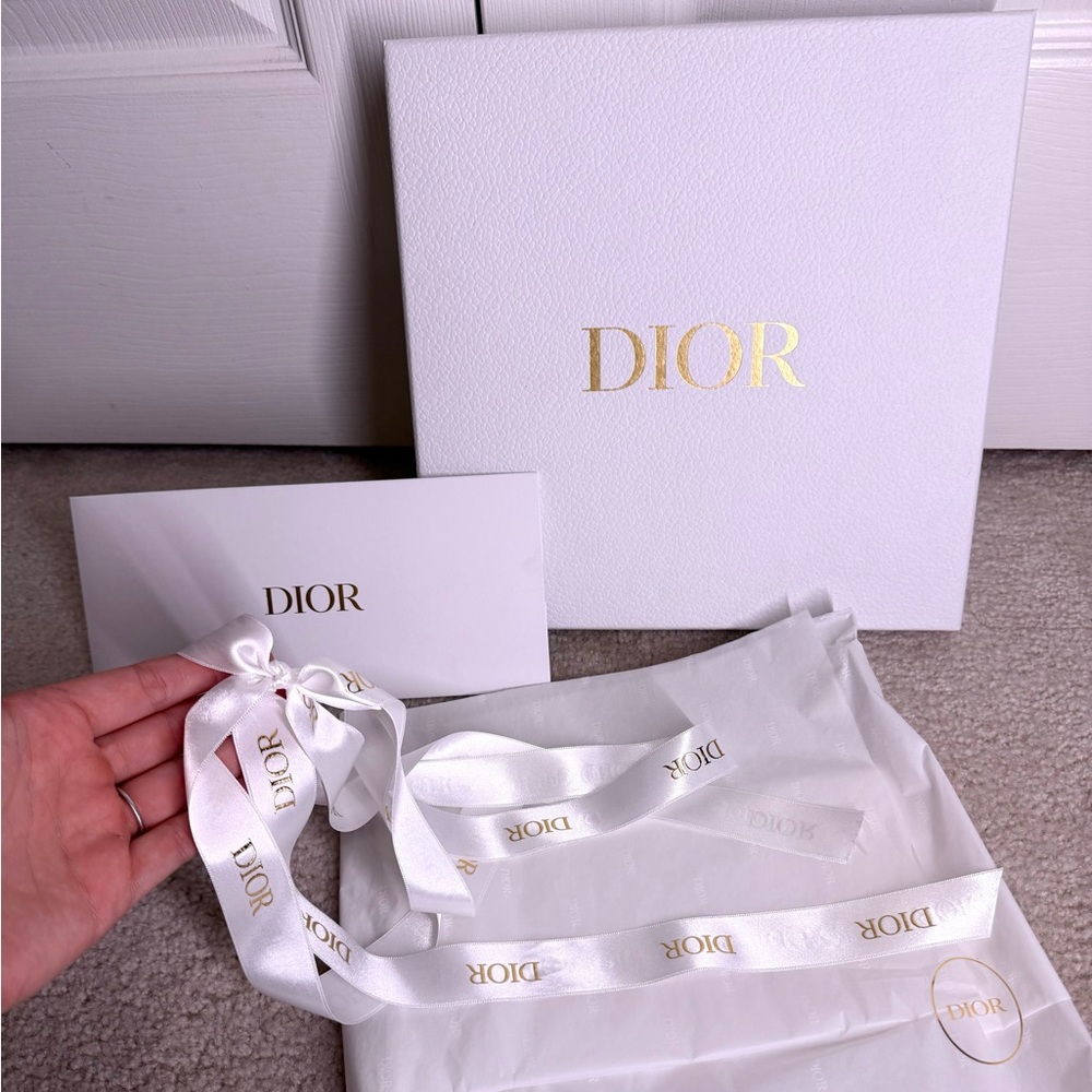 Dior empty white and gold box, Dior ribbon, Dior tissue paper, Dior envelope